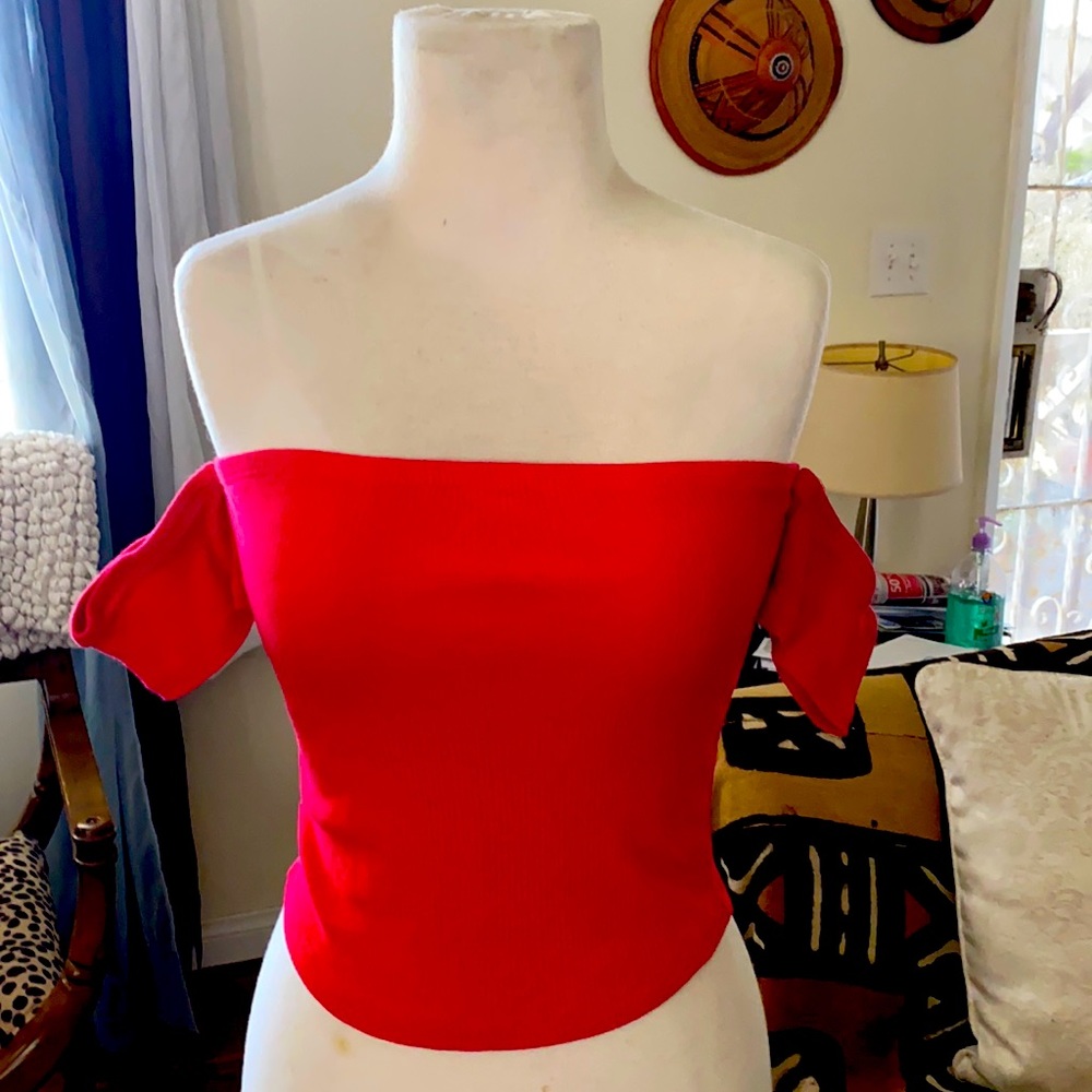Red stretched knit summer top, with arm sleeves.